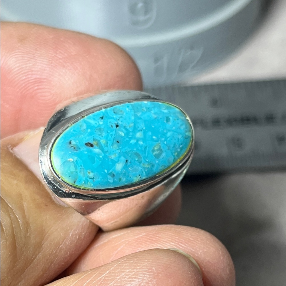 Turquoise Fox Oval Silver Ring 6.5 View 6